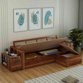 Maria Solid Sheesham Wood 3 Seater L Shape Sofa With Storage (Natural Finish)